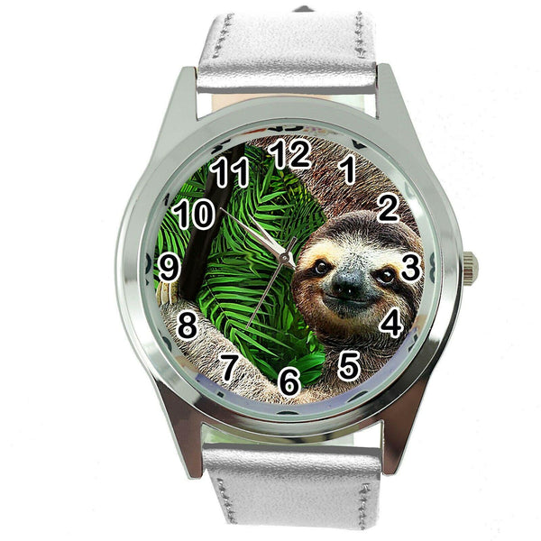 LAZY SLOTH  Steel SILVER LEATHER QUARTZ ANALOG WATCH UHR RELOJ LENIWIEC ZEGAREK