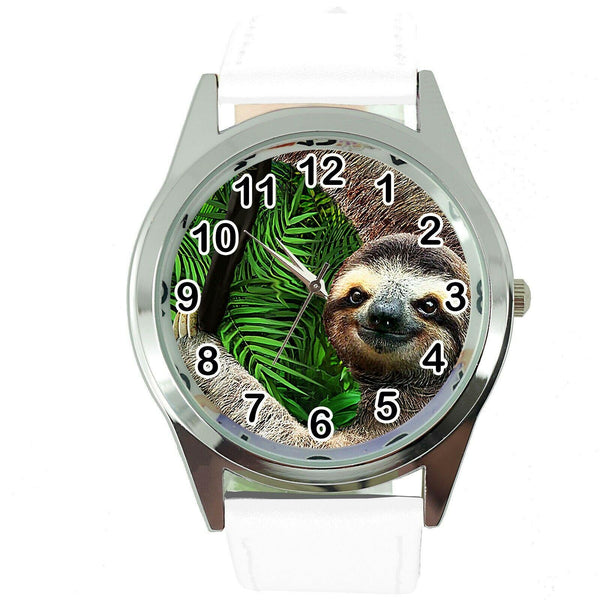 LAZY SLOTH  Steel WHITE LEATHER QUARTZ ANALOG WATCH UHR RELOJ LENIWIEC ZEGAREK