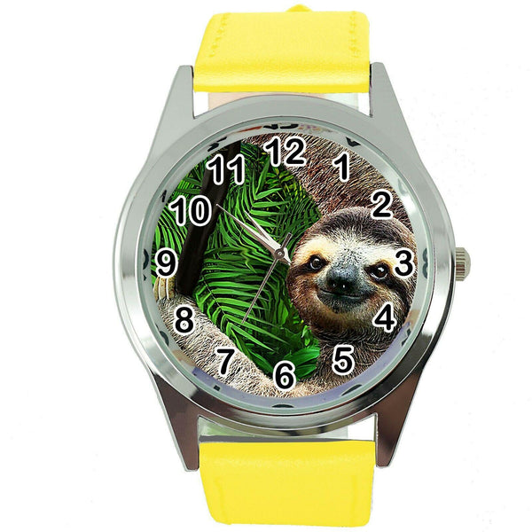 LAZY SLOTH  Steel YELLOW LEATHER QUARTZ ANALOG WATCH UHR RELOJ LENIWIEC ZEGAREK