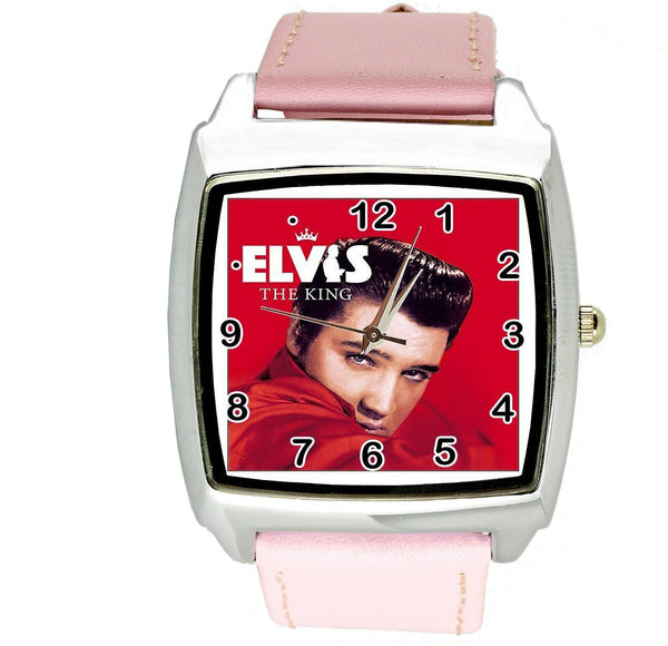 ELVIS PRESLEY WATCH Steel LEATHER MUSIC KING LEGEND SQUARE CD PINK BAND WATCH E5