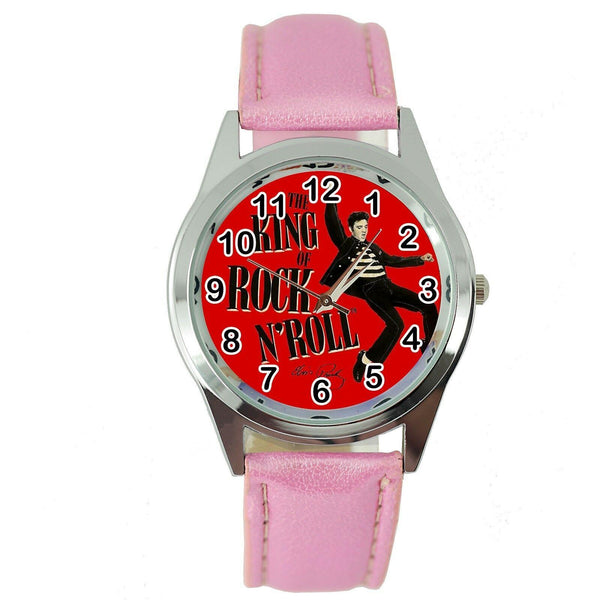 ELVIS PRESLEY WATCH Stainless LEATHER MUSIC KING LEGEND ROUND PINK BAND WATCH E6