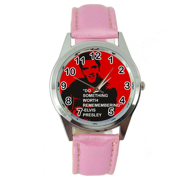 ELVIS PRESLEY WATCH Stainless LEATHER MUSIC KING LEGEND ROUND PINK BAND WATCH E7