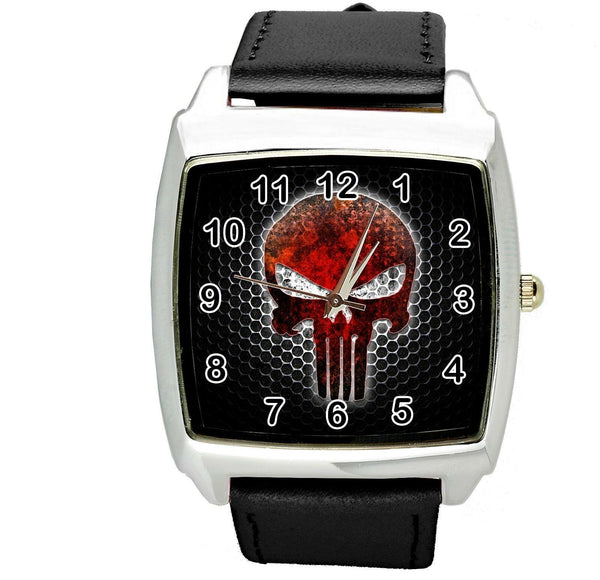 PUNISHER SKULL SUPERHERO BLACK LEATHER FILM MOVIE STEEL COMICS SQUARE WATCH E2