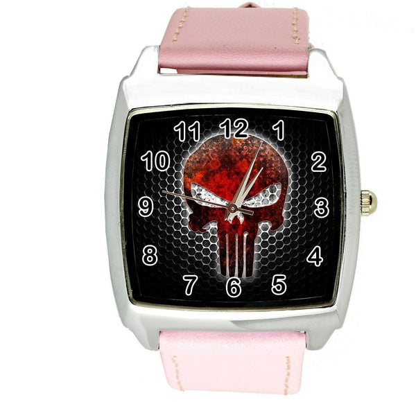 PUNISHER SKULL SUPERHERO PINK LEATHER FILM MOVIE STEEL COMICS SQUARE WATCH E2