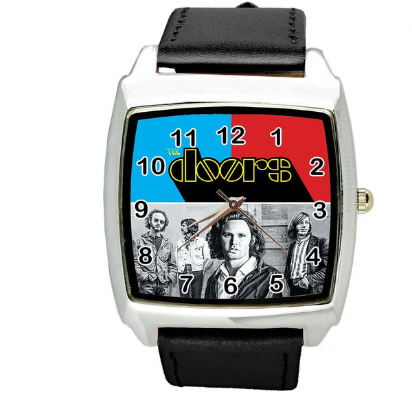 THE DOORS Stainless Steel BLACK LEATHER MUSIC KING LEGENDS SQUARE CD WATCH UK