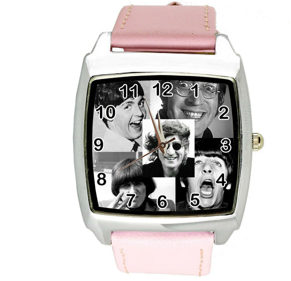 THE BEATLES BAND CRAZY Steel PINK LEATHER ROCK MUSIC LEGENDS SQUARE CD WATCH E5