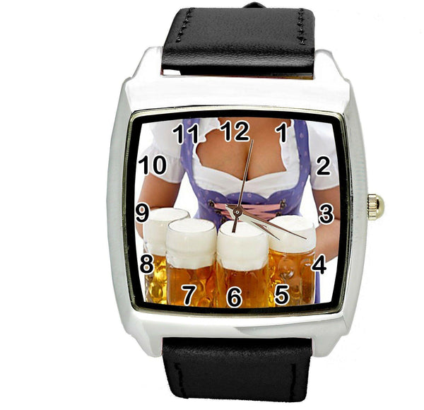 OKTOBERFEST BEER BIER ALE LAGER CIDER PUB PARTY Steel BLACK LEATHER SQUARE WATCH
