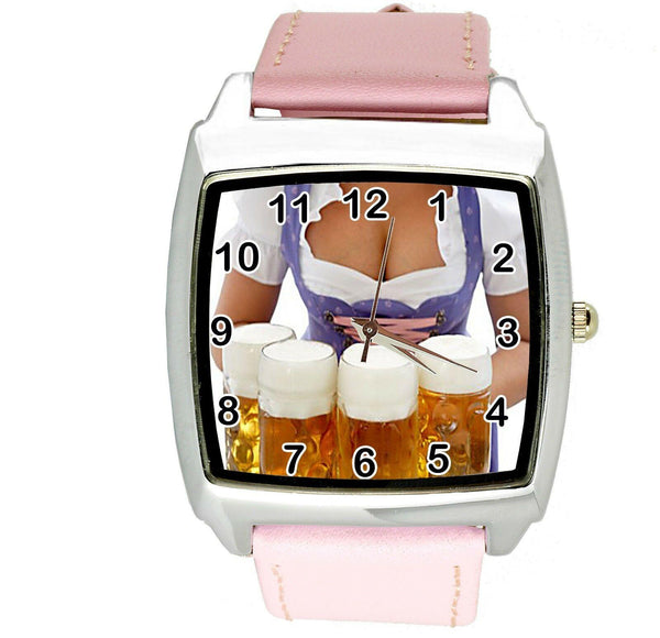 OKTOBERFEST BEER BIER ALE LAGER CIDER PUB PARTY Steel PINK LEATHER SQUARE WATCH