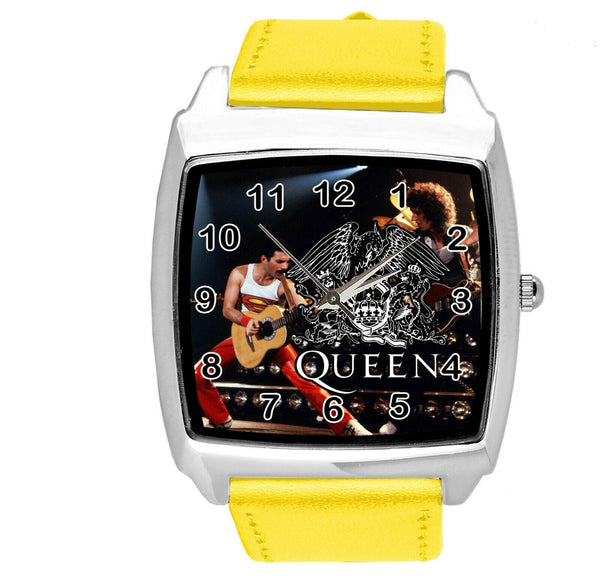 QUEEN Freddie Mercury ROCK BAND MUSIC KING SQUARE CD DVD YELLOW LEATHER WATCH