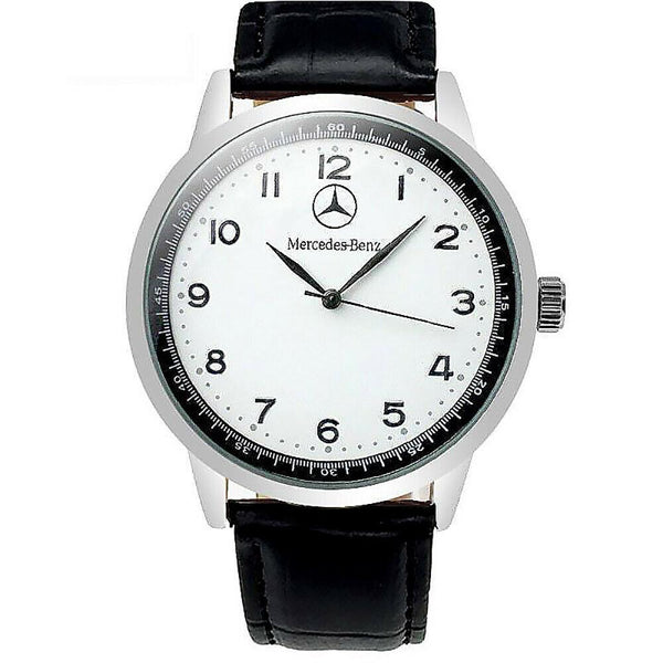 Mercedes Benz Mens Stainless Steel WHITE Dial BLACK  Leather Strap Sport Watch
