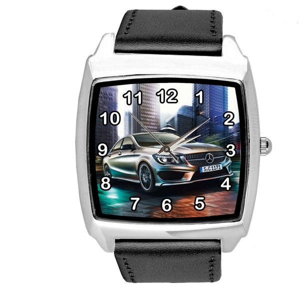 SQUARE SPORT CITY RACING BLACK REAL LEATHER WATCH FOR Mercedes Benz CAR FANS E2