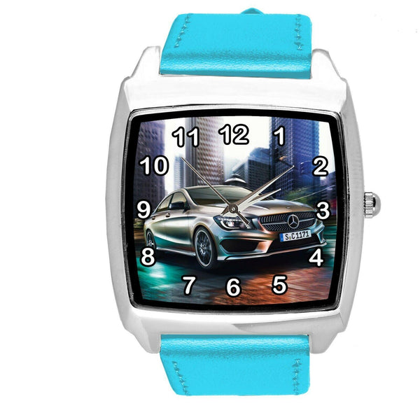 SQUARE SPORT CITY RACING BLUE REAL LEATHER WATCH FOR Mercedes Benz CAR FANS E2
