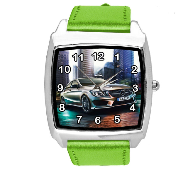 SQUARE SPORT CITY RACING GREEN REAL LEATHER WATCH FOR Mercedes Benz CAR FANS E2