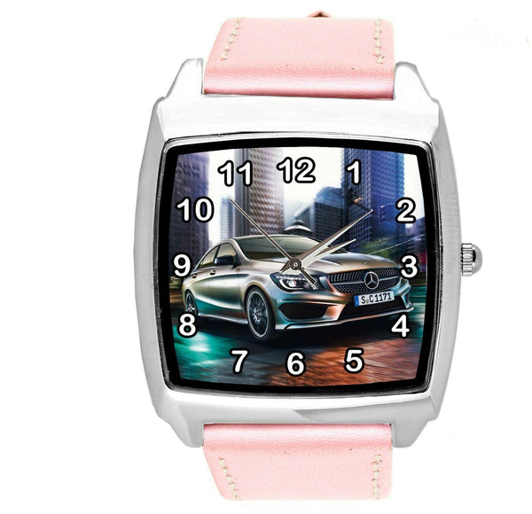 SQUARE SPORT CITY RACING PINK REAL LEATHER WATCH FOR Mercedes Benz CAR FANS E2