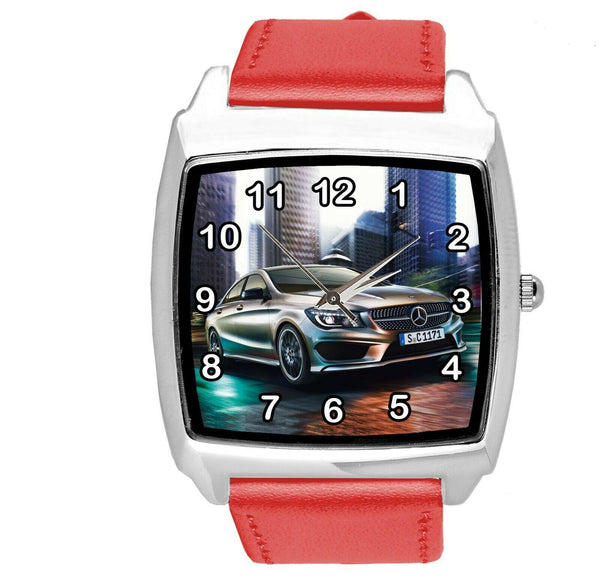 SQUARE SPORT CITY RACING RED REAL LEATHER WATCH FOR Mercedes Benz CAR FANS E2