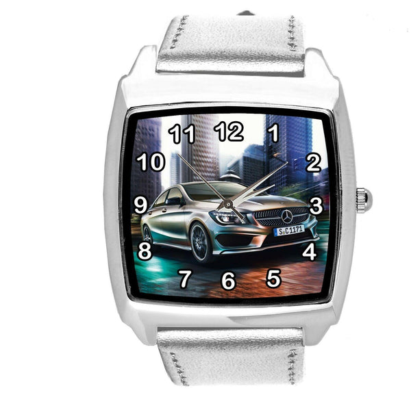 SQUARE SPORT CITY RACING SILVER REAL LEATHER WATCH FOR Mercedes Benz CAR FANS E2