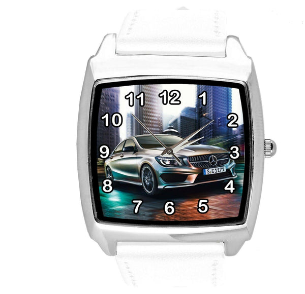 SQUARE SPORT CITY RACING WHITE REAL LEATHER WATCH FOR Mercedes Benz CAR FANS E2