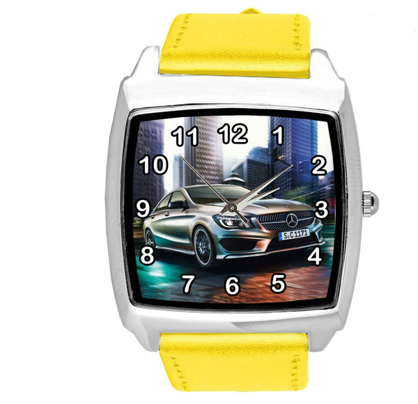 SQUARE SPORT CITY RACING YELLOW REAL LEATHER WATCH FOR Mercedes Benz CAR FANS E2