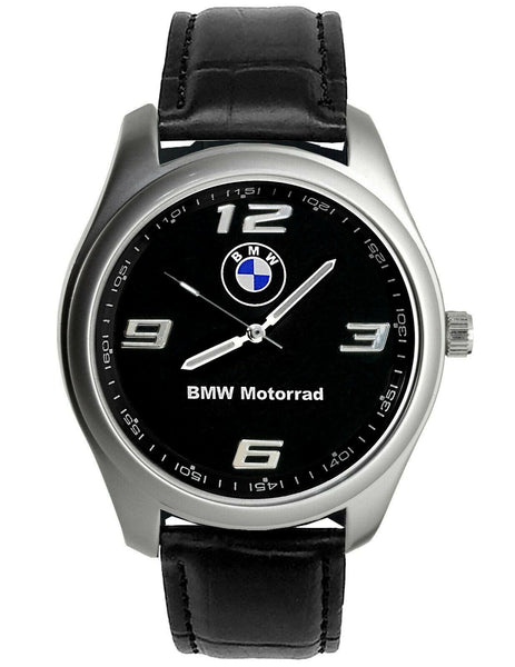 Mens Steel BLACK Dial Black Leather Strap Sport Watch for BMW MOTORRAD fans