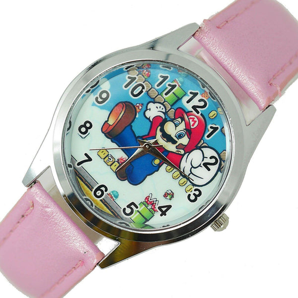 SUPER MARIO BROS VIDEO GAME PLUMBER HERO PINK LEATHER VIDEO GAME STEEL WATCH
