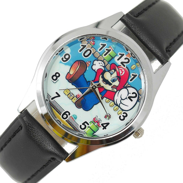 SUPER MARIO BROS VIDEO GAME PLUMBER HERO BLACK LEATHER VIDEO GAME STEEL WATCH
