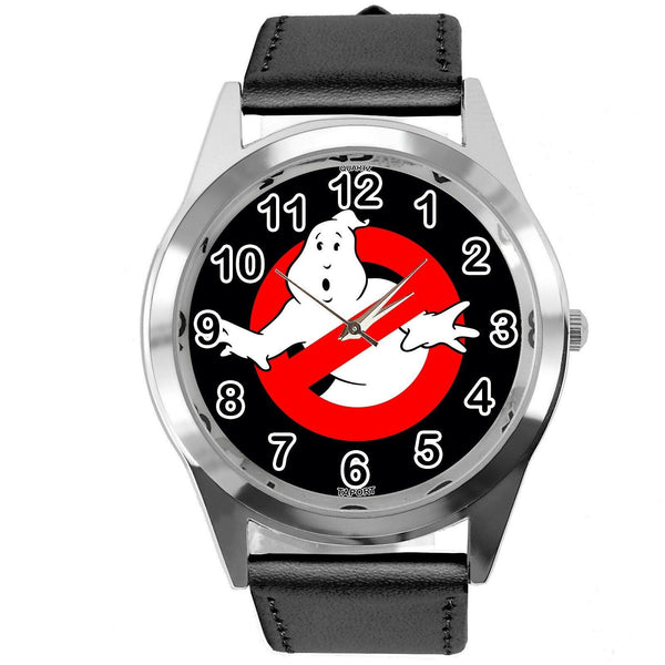 GHOSTBUSTERS FILM SCIFI MOVIE CD DVD BLACK REAL LEATHER STAINLESS STEEL WATCH