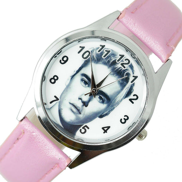 JUSTIN BIEBER MUSIC STAR SINGER Stainless Steel PINK LEATHER BAND ROUND CD WATCH