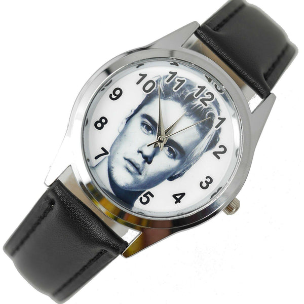 JUSTIN BIEBER MUSIC POP STAR SINGER SS Steel BLACK LEATHER BAND ROUND CD WATCH