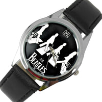 THE BEATLES WATCH Steel LEATHER ROCK MUSIC LEGENDS ROUND CD ZEBRA WATCH UK E2