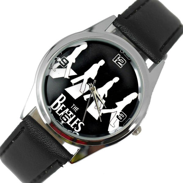THE BEATLES WATCH Steel LEATHER ROCK MUSIC LEGENDS ROUND CD ZEBRA WATCH UK E2