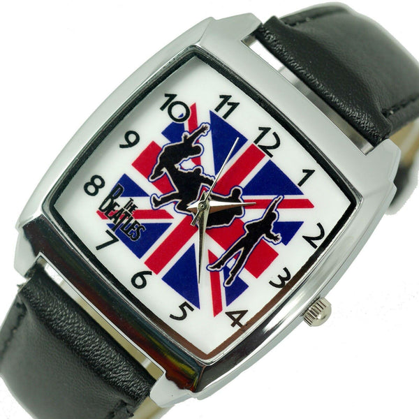 UNION JACK UK FLAG THE BEATLES LEATHER MUSIC LEGENDS SQUARE Steel GIFT WATCH E4