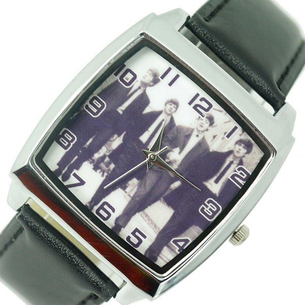 THE BEATLES BAND WALK WATCH Steel LEATHER ROCK MUSIC LEGENDS SQUARE CD WATCH E3