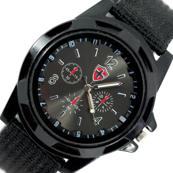BLACK TACTICAL FIELD OPS ARMY GYM MILITARY SWISS CANVAS BAND STAINLESS WATCH
