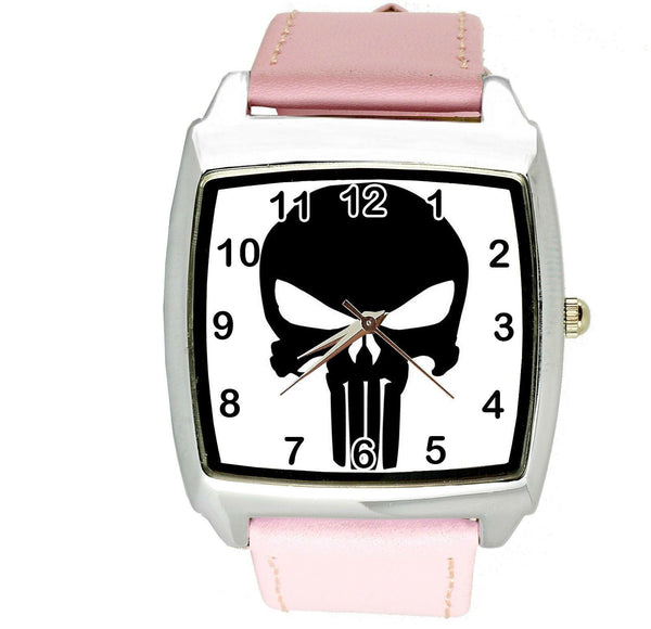 PUNISHER SKULL LOGO SUPERHERO PINK LEATHER FILM MOVIE STEEL COMICS SQUARE WATCH
