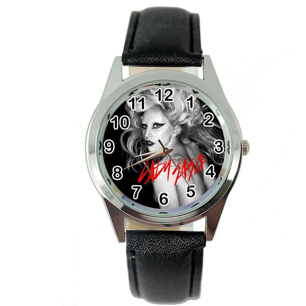 LADY GAGA BORN THIS WAY MUSIC STAR SINGER Steel BLACK LEATHER ROUND CD WATCH