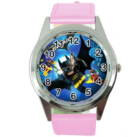 BATMAN LEGO KNIGHT SUPERHERO Stainless Steel PINK LEATHER FILM DVD ROUND WATCH