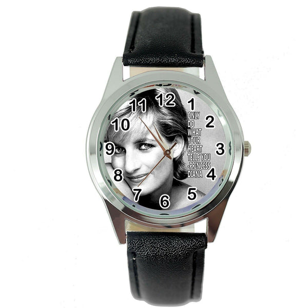 PRINCESS OF WALES DIANA SPENCER ROYAL LEGEND SS BLACK LEATHER BAND ROUND WATCH