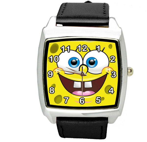 SPONGE BOB Stainless Steel BLACK LEATHER YELLOW SQUARE DIAL MOVIE FILM WATCH UK