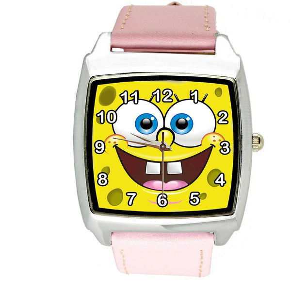 SPONGE BOB Stainless Steel PINK LEATHER YELLOW SQUARE DIAL MOVIE FILM WATCH UK