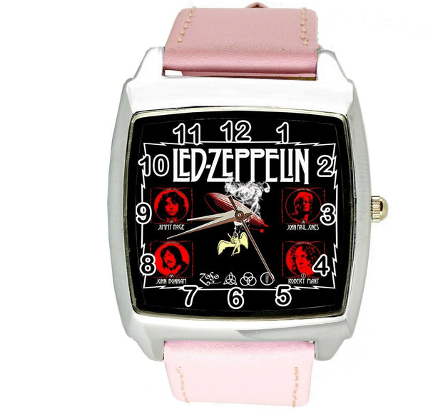 LED ZEPPELIN PINK LEATHER MUSIC KING LEGEND BAND SQUARE CD STEEL ROCK WATCH
