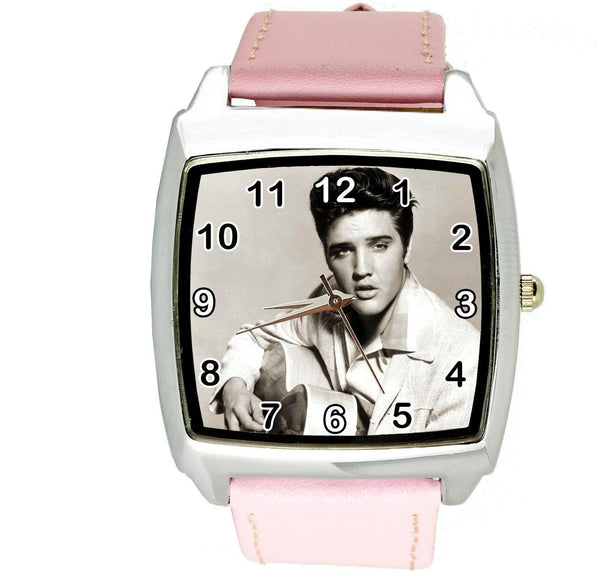 ELVIS PRESLEY WATCH Steel LEATHER MUSIC KING LEGEND SQUARE CD PINK BAND WATCH E4