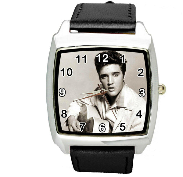 ELVIS PRESLEY Steel LEATHER MUSIC KING LEGEND SQUARE CD  BLACK BAND WATCH E4