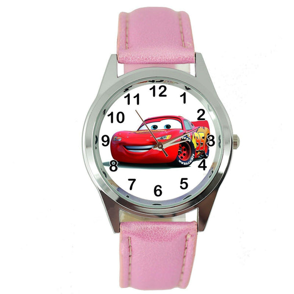 CARS CAR RACING PINK LEATHER FILM MOVIE CINEMA DVD FAIRY TALE STEEL WATCH GIFT
