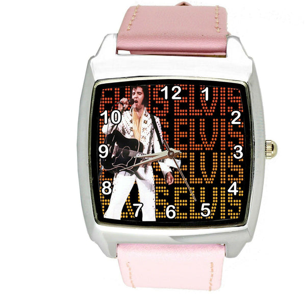 ELVIS PRESLEY VEGAS Steel LEATHER MUSIC KING LEGEND SQUARE CD PINK BAND WATCH