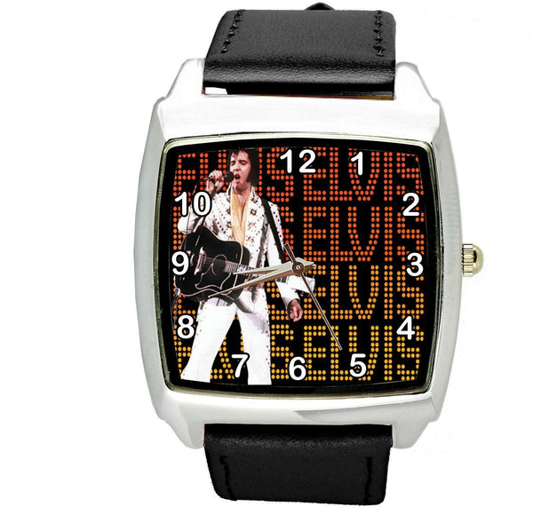 ELVIS PRESLEY VEGAS Steel LEATHER MUSIC KING LEGEND SQUARE CD  BLACK BAND WATCH