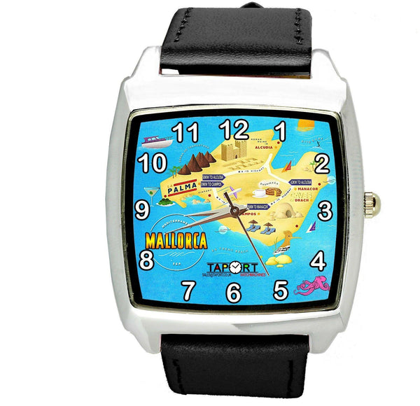 MALLORCA SPAIN HOLIDAY TRAVEL GIFT SUN SEA MAP ISLAND LEATHER SQUARE BLACK WATCH