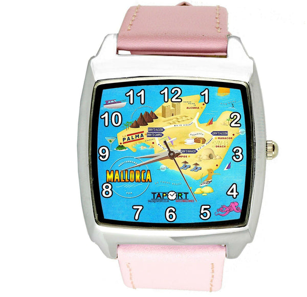 MALLORCA SPAIN HOLIDAY TRAVEL GIFT SUN SEA MAP ISLAND LEATHER SQUARE PINK WATCH
