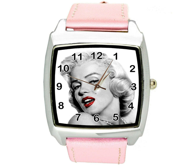 MARILYN MONROE MOVIE FILM STAR MODEL PINUP GIRL PINK LEATHER SQUARE WATCH