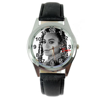 BEYONCE MUSIC STAR SINGER STAINLESS Steel BLACK LEATHER BAND ROUND CD WATCH