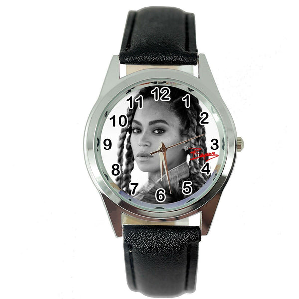 BEYONCE MUSIC STAR SINGER STAINLESS Steel BLACK LEATHER BAND ROUND CD WATCH